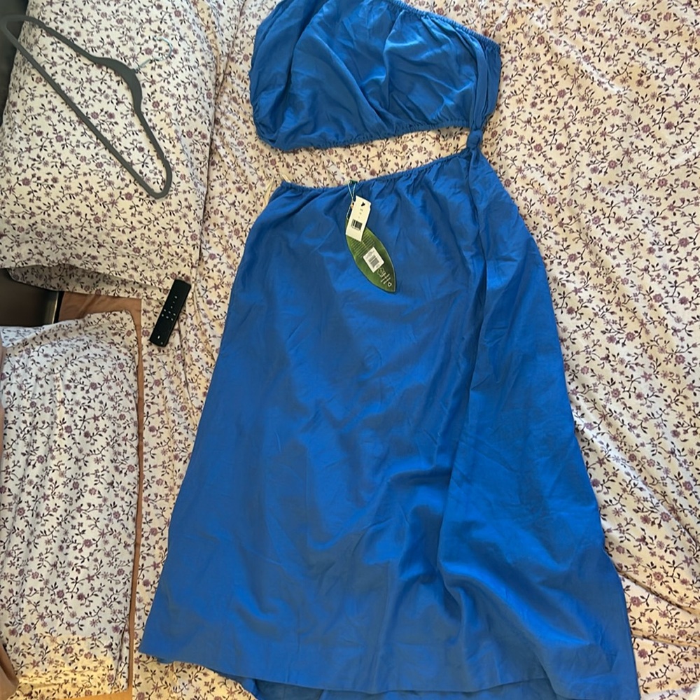 NWT Farm Rio Blue Linen cut out maxi dress size L - Picture 2 of 3